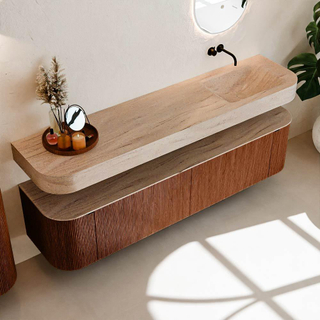 MONDIAZ THOR-DLUX 190cm meuble de salle de bains arrondi gauche + droite couleur Ruby avec 2 tiroirs et 2 portes. Vasque suspendue CLOUD Droite sans trou de robinet couleur Saba.