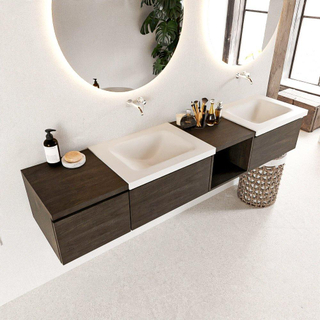 MONDIAZ BUKLA 200cm ensemble de meuble avec module ouvert 40 à droite couleur Marron Foncé avec 3 tiroirs. Lavabo CLOUD double 0 trous de robinet couleur Talc.