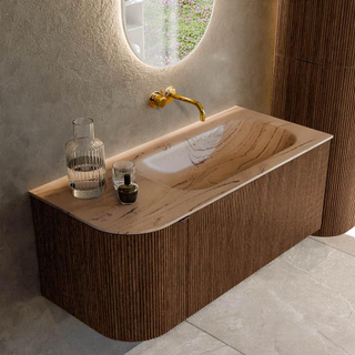 MONDIAZ KURVE-DLUX 105cm badmeubel ronding Links kleur Walnut met 1 lade en 1 deur. Wastafel BIG SMALL Rechts zonder kraangat Arena.