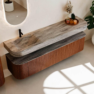 MONDIAZ THOR-DLUX 190cm meuble de salle de bains arrondi gauche + droite couleur Ruby avec 2 tiroirs et 2 portes. Vasque suspendue CLOUD Gauche 1 trou de robinet couleur Oza.