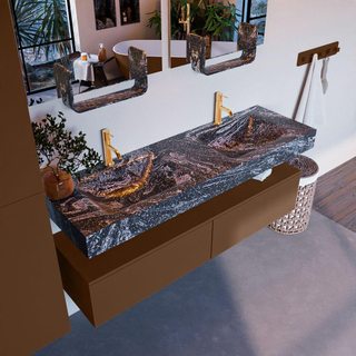 Mondiaz ALAN-DLUX Ensemble de meuble - 150cm - meuble Rust mat - 2 tiroirs - Lavabo Cloud Lava suspendu - vasque Gauche et droite - 2 trous de robinet