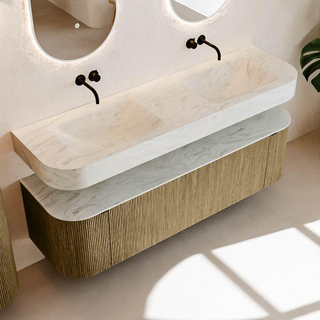 MONDIAZ THOR-DLUX Meuble de salle de bains 160cm arrondi gauche + droite couleur Dusk avec 1 tiroir et 2 portes. Vasque suspendue CLOUD Double sans trou de robinet couleur Opalo.