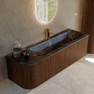 MONDIAZ KURVE-DLUX 145cm badmeubel met module 25 L kleur Walnut met 1 lade en 1 deur. Wastafel BIG LARGE rechts 1 kraangat kleur Lava.