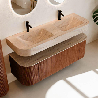 MONDIAZ THOR-DLUX 140cm meuble de salle de bains arrondi gauche + droite couleur Ruby avec 1 tiroir et 2 portes. Vasque suspendue CLOUD Double 2 trous de robinet couleur Saba.