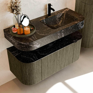 MONDIAZ THOR-DLUX 110cm meuble de salle de bains arrondi gauche + droite couleur Shadow avec 1 tiroir et 2 portes. Vasque suspendue CLOUD Droite 1 trou de robinet couleur Lava.