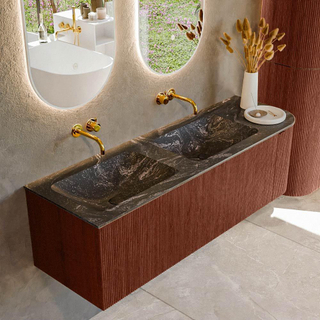 Mondiaz KURVE-DLUX Ensemble de meuble salle de bain - 145x46x40cm - 1 tiroir - 1 porte - lavabo en solid surface - double / gauche - sans trou de robinet - Ruby