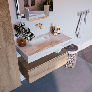 Mondiaz ALAN-DLUX Ensemble de meuble - 90cm - meuble Washed Oak mat - 1 tiroir - Lavabo Cloud Frappe suspendu - vasque Centre - 0 trous de robinet