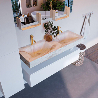 Mondiaz ALAN-DLUX Ensemble de meuble - 130cm - meuble Talc mat - 1 tiroir - Lavabo Cloud Frappe suspendu - vasque Gauche et droite - 2 trous de robinet