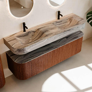 MONDIAZ THOR-DLUX 160cm meuble de salle de bains arrondi gauche + droite couleur Ruby avec 1 tiroir et 2 portes. Vasque suspendue CLOUD Double 2 trous de robinet couleur Sombra.