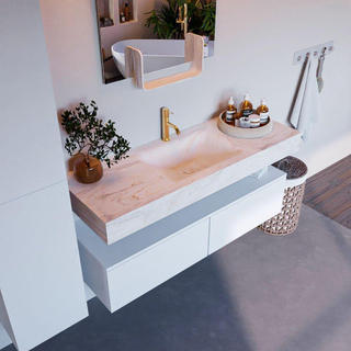 Mondiaz ALAN-DLUX Ensemble de meuble - 130cm - meuble Talc mat - 2 tiroirs - Lavabo Cloud Ostra suspendu - vasque Centre - 1 trou de robinet