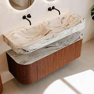 MONDIAZ THOR-DLUX 130cm meuble de salle de bains arrondi gauche + droite couleur Ruby avec 1 tiroir et 2 portes. Vasque suspendue CLOUD Double sans trou de robinet couleur Glace.