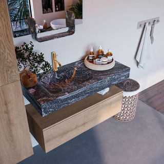 Mondiaz ALAN-DLUX Ensemble de meuble - 100cm - meuble Washed Oak mat - 1 tiroir - Lavabo Cloud Lava suspendu - vasque Gauche - 1 trou de robinet