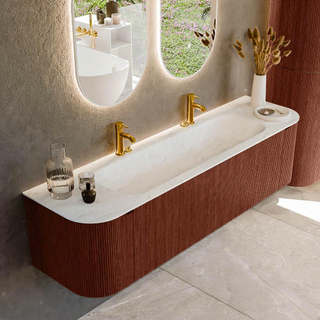 Mondiaz KURVE-DLUX Badkamermeubelset - 170x46x40cm - 1 lade - 2 deuren - wastafel solid surface - midden - 2 kraangaten - Ruby