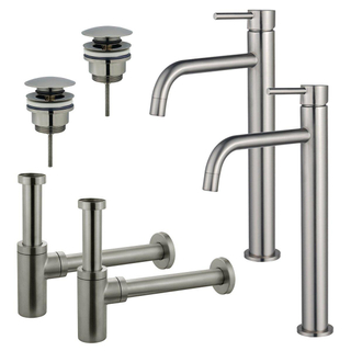 FortiFura Calvi Kit robinet lavabo - pour double vasque - robinet rehaussé - bonde clic clac - siphon design - PVD