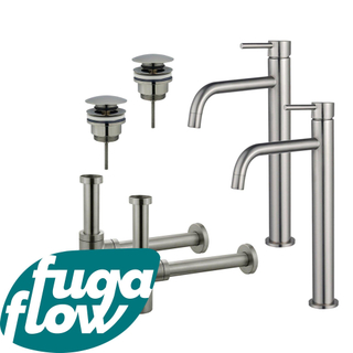 FugaFlow Eccelente Sobrado Badkamer Slim Wastafelkraanset - voor dubbele wastafel - verhoogde wastafelkraan - klikwaste plug - design sifon - PVD Geborsteld RVS