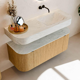 MONDIAZ THOR-DLUX Meuble de salle de bains 120cm arrondi gauche + droite couleur Oak avec 1 tiroir et 2 portes. Vasque suspendue CLOUD Droite sans trou de robinet couleur Opalo.