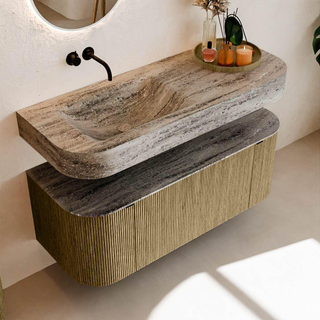 MONDIAZ THOR-DLUX 120cm meuble de salle de bains arrondi gauche + droite couleur Dusk avec 1 tiroir et 2 portes. Vasque suspendue CLOUD Gauche sans trou de robinet couleur Oza.