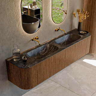 MONDIAZ KURVE-DLUX 190cm Meuble salle de bain avec module 25 G et D - couleur Walnut - 2 tiroirs - 2 portes - vasque STOR SMALL double - sans trou de robinet - couleur Lava