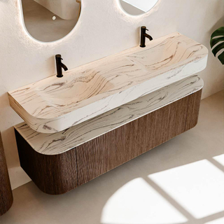 MONDIAZ THOR-DLUX Meuble de salle de bains 160cm arrondi gauche + droite couleur Walnut avec 1 tiroir et 2 portes. Vasque suspendue CLOUD Double 2 trous de robinet couleur Nata.