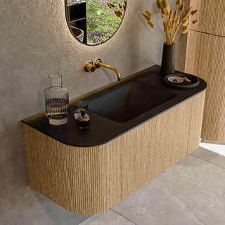 MONDIAZ KURVE 110cm Meuble salle de bain avec module 25 G et D - couleur Oak - 1 tiroir - 2 portes - vasque CLOUD centre - sans trous de robinet - Urban