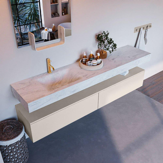 Mondiaz ALAN-DLUX Ensemble de meuble - 200cm - meuble Linen mat - 2 tiroirs - Lavabo Cloud Opalo suspendu - vasque Gauche - 1 trou de robinet