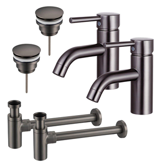 FortiFura Calvi Kit robinet lavabo - pour double vasque - robinet bas - bonde clic clac - siphon design - Gunmetal PVD