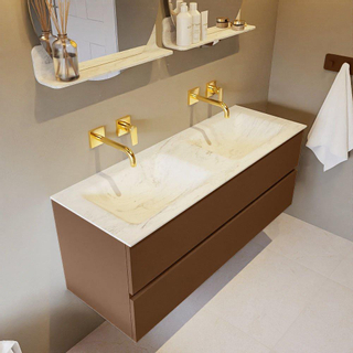 Mondiaz VICA-DLUX Ensemble de meuble de salle de bain - 130cm - meuble sous-vasque repos - 2 tiroirs - lavabo encastrée cloud double - sans trous de robinet - version haute de 60cm - opalo