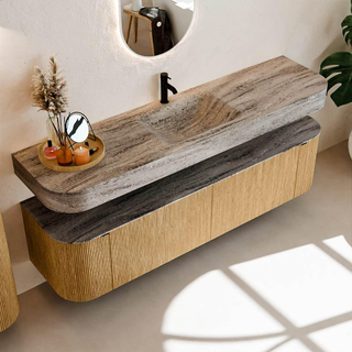 MONDIAZ THOR-DLUX 180cm meuble de salle de bains arrondi gauche + droite couleur Oak avec 2 tiroirs et 2 portes. Vasque suspendue CLOUD Milieu 1 trou de robinet couleur Oza.