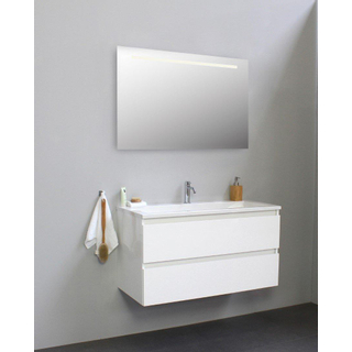 Basic Bella Meuble lavabo acrylique avec 1 trou de robinet avec miroir avec éclairage 100x55x46cm Flat Pack Blanc Haute-brillance