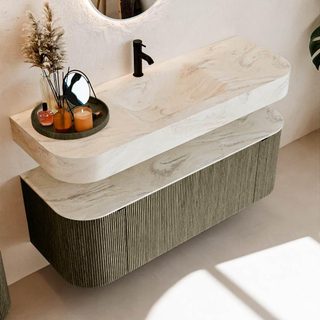 MONDIAZ THOR-DLUX 130cm meuble de salle de bains arrondi gauche + droite couleur Shadow avec 1 tiroir et 2 portes. Vasque suspendue CLOUD Milieu 1 trou de robinet couleur Ostra.