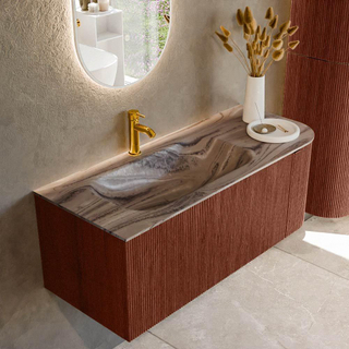 MONDIAZ KURVE-DLUX 115cm badmeubel ronding Rechts kleur Ruby met 1 lade en 1 deur. Wastafel BIG SMALL Links 1 kraangat Sombra.