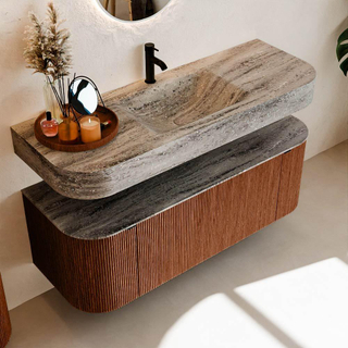 MONDIAZ THOR-DLUX 130cm meuble de salle de bains arrondi gauche + droite couleur Ruby avec 1 tiroir et 2 portes. Vasque suspendue CLOUD Milieu 1 trou de robinet couleur Oza.