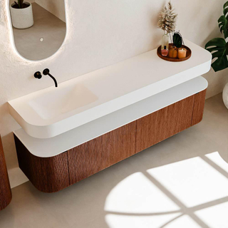 MONDIAZ THOR Meuble de salle de bains 190cm arrondi gauche + droite couleur Ruby avec 2 tiroirs et 2 portes. Vasque suspendue CLOUD Gauche sans trou de robinet couleur Talc.