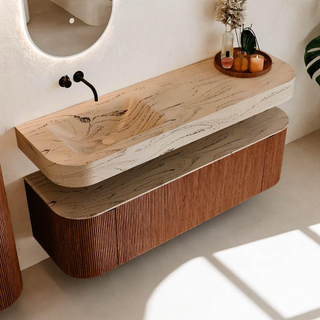 MONDIAZ THOR-DLUX 150cm meuble de salle de bains arrondi gauche + droite couleur Ruby avec 1 tiroir et 2 portes. Vasque suspendue CLOUD Gauche sans trou de robinet couleur Arena.