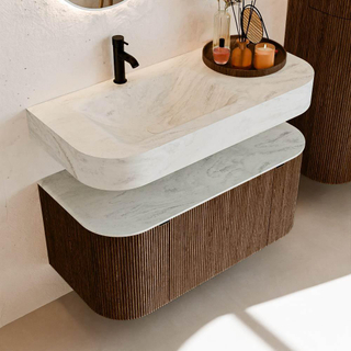 MONDIAZ THOR-DLUX Meuble de salle de bains - 100cm - arrondi gauche + droite - couleur Walnut - 1 tiroir et 2 portes - Vasque suspendue CLOUD Gauche 1 trou de robinet - couleur Opalo