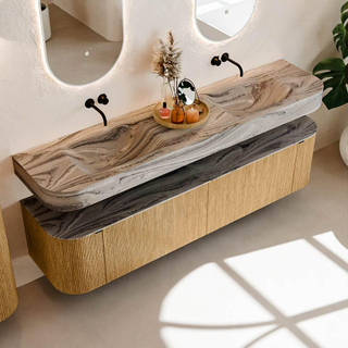 MONDIAZ THOR-DLUX Meuble de salle de bains 190cm arrondi gauche + droite couleur Oak avec 2 tiroirs et 2 portes. Vasque suspendue CLOUD Double sans trou de robinet couleur Sombra.