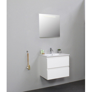 Basic Bella Meuble avec lavabo céramique avec 1 trou de robinet avec miroir avec éclairage 60x55x46cm Flat Pack Blanc haute-brillance