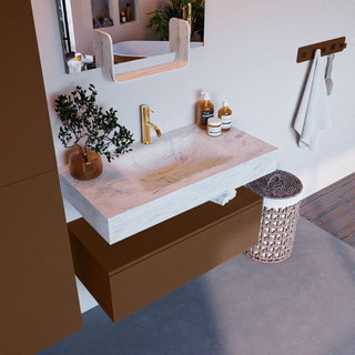 Mondiaz ALAN-DLUX Ensemble de meuble - 90cm - meuble Rust mat - 1 tiroir - Lavabo Cloud Opalo suspendu - vasque Centre - 1 trou de robinet