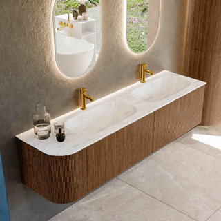 MONDIAZ KURVE-DLUX 175cm Meuble salle de bain avec module 25 G - couleur Walnut - 2 tiroirs - 1 porte - vasque STOR SMALL double / droite - 2 trous de robinet - couleur Ostra