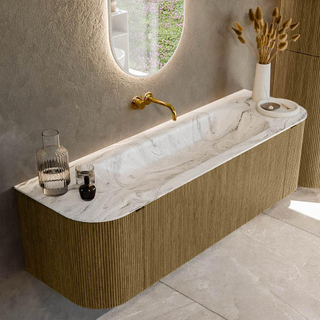 Ensemble de meuble de salle de bain Mondiaz KURVE-DLUX - 150x46x40cm - 1 tiroir - 2 portes - lavabo en solid surface - milieu - sans trou de robinet - Dusk