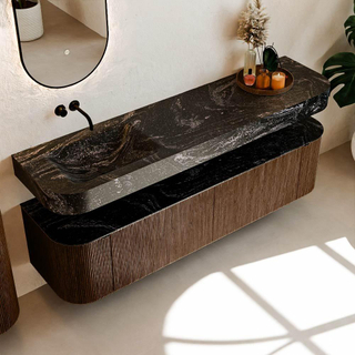 MONDIAZ THOR-DLUX 180cm meuble de salle de bains arrondi gauche + droite couleur Walnut avec 2 tiroirs et 2 portes. Vasque suspendue CLOUD Gauche sans trou de robinet couleur Lava.