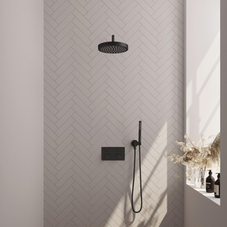 BRAUER Stripe Thermostatische Inbouw Regendouche - drukknoppen - SET 26 - 25cm douchekop - gebogen muurarm - staaf handdouche - doucheslang - wandaansluitbocht - mat zwart