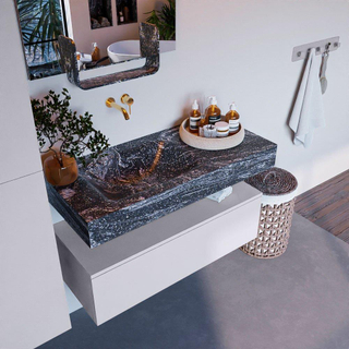 Mondiaz ALAN-DLUX Ensemble de meuble - 100cm - meuble Cale mat - 1 tiroir - Lavabo Cloud Lava suspendu - vasque Gauche - 0 trous de robinet