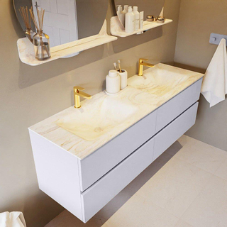 Mondiaz VICA-DLUX Ensemble de meuble de salle de bain - 150cm - meuble sous-vasque cale - 4 tiroirs - lavabo encastrée cloud double - 2 trous de robinet - version haute de 60cm - ostra