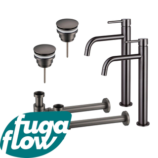 FugaFlow Eccelente Sobrado Badkamer Slim Wastafelkraanset - voor dubbele wastafel - verhoogde wastafelkraan - klikwaste plug - verlaagde design sifon - PVD Gepolijst Gunmetal