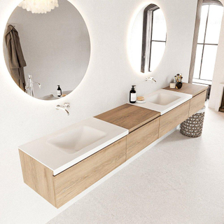 MONDIAZ BUKLA 280cm badmeubel met module 60 links kleur Washed Oak met 4 lades. Wastafel CLOUD dubbel 0 kraangaten kleur Talc.