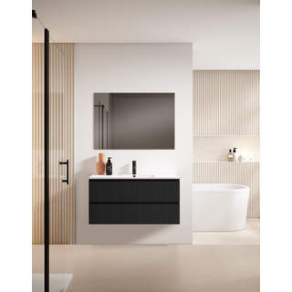 Adema Prime Blend Ensemble de meuble - 100x55x46cm - 1 vasque ovale en céramique Blanc - 1 trou de robinet - 2 tiroirs - avec miroir rectangulaire - Noir mat