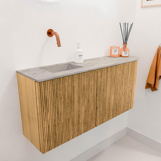 Mondiaz JOYA-DLUX 91.6cm toiletmeubel - ronding rechts kleur Oak - Wastafel FAYE positie Links Zonder kraangat kleur Glace.