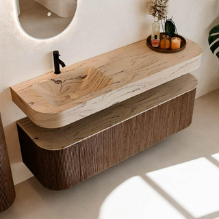 MONDIAZ THOR-DLUX 150cm meuble de salle de bains arrondi gauche + droite couleur Walnut avec 1 tiroir et 2 portes. Vasque suspendue CLOUD Gauche 1 trou de robinet couleur Arena.