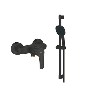 GROHE Eurosmart Ensemble de douche - avec levier - raccords en S - ensemble barre coulissante - douchette carrée - 2 types de jets - noir mat